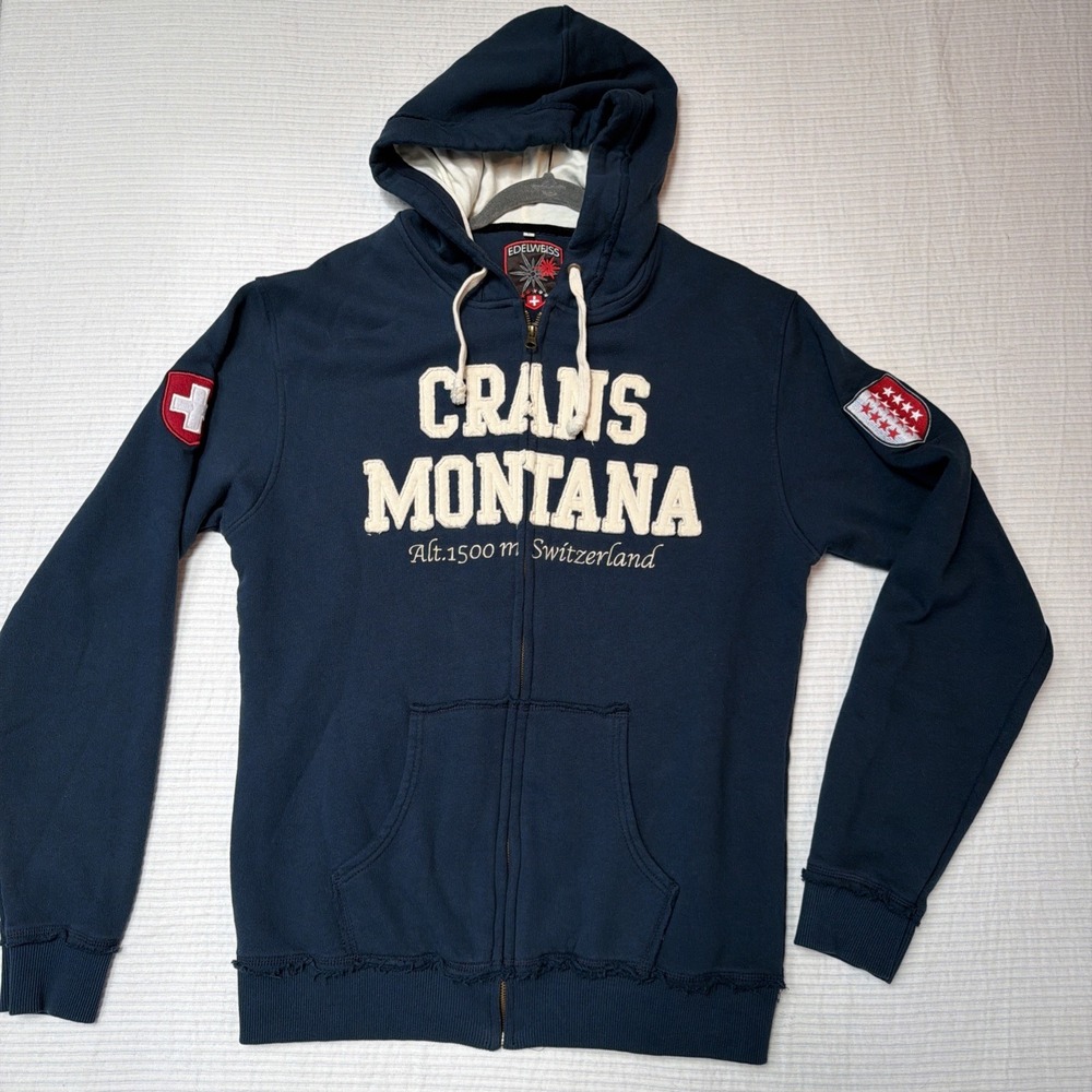 Switzerland Edelweiss Men Zip Up Blue Hoodie Crans Montana Large Thick Cotton